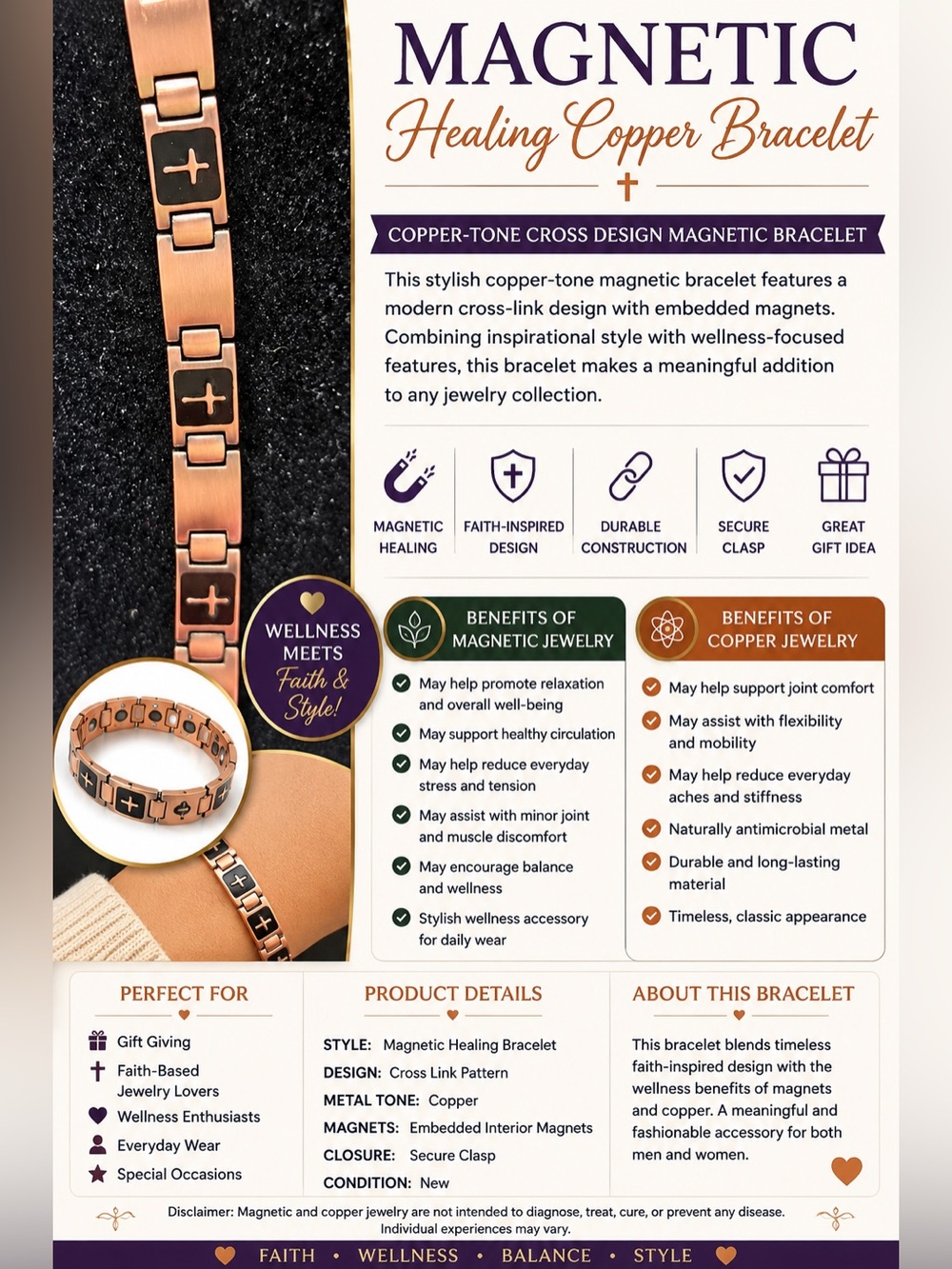 Copper-Tone Magnetic Healing Bracelet with Cross-Link Design